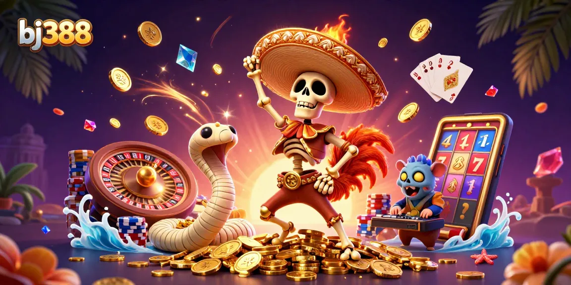 Engage with bj388 in a dynamic casino atmosphere with golden coins, festive characters, and vibrant game elements.