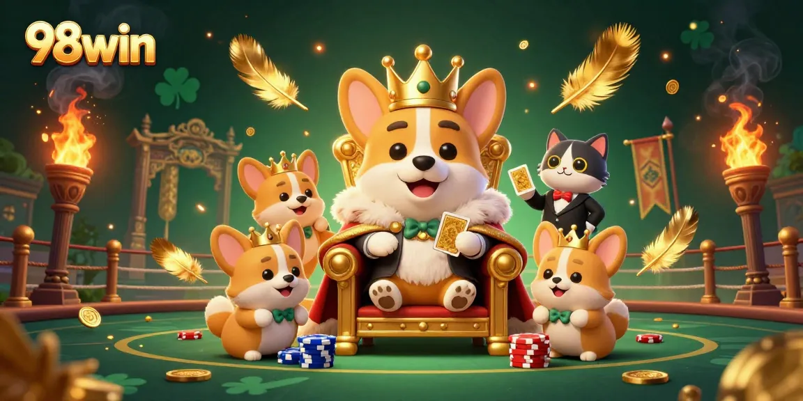Enhance your game with 98win's thrilling action of the royal corgi and a cat butler in a vibrant casino atmosphere.