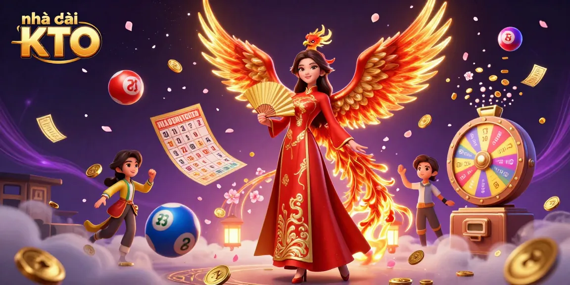 Engaging scene with nhà cái KTO, traditional styled woman, golden phoenix, and lively lottery elements.