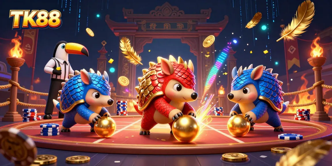 Engaging TK88-themed gambling scene with pangolins competing in a vibrant casino atmosphere full of action.