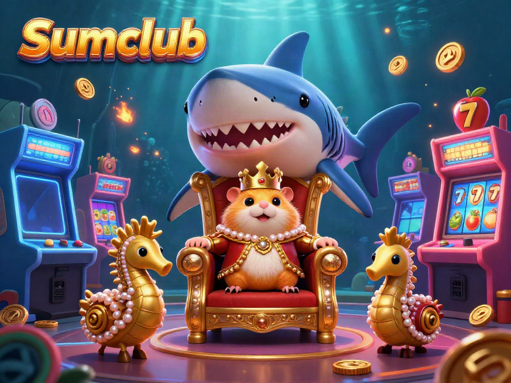 Engage with the vibrant Sumclub casino scene featuring a golden hamster king and arcade games.