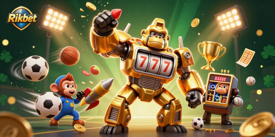 Bet on Rikbet with excitement as a golden gorilla mech unleashes coins in a thrilling casino scene.