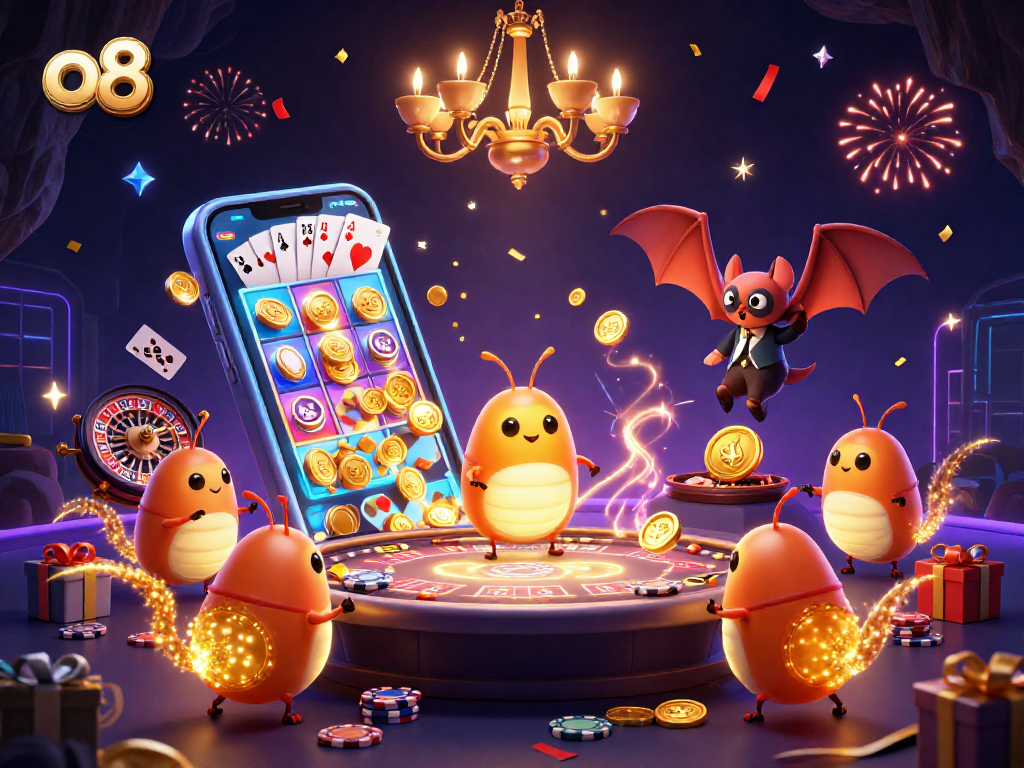 Join the action at o8's vibrant cave casino featuring glowworms lighting up the scene.