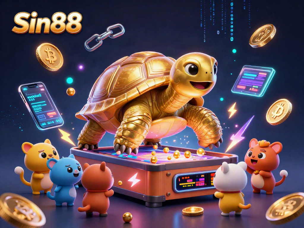 Join the excitement of Sin88, featuring a vibrant scene with crypto elements and dynamic gaming fun.
