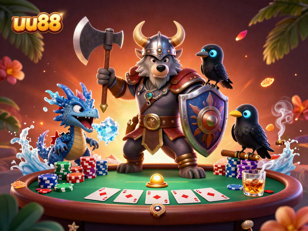 Experience thrilling gameplay at uu88 with a Viking warrior, dragon, and poker elements.