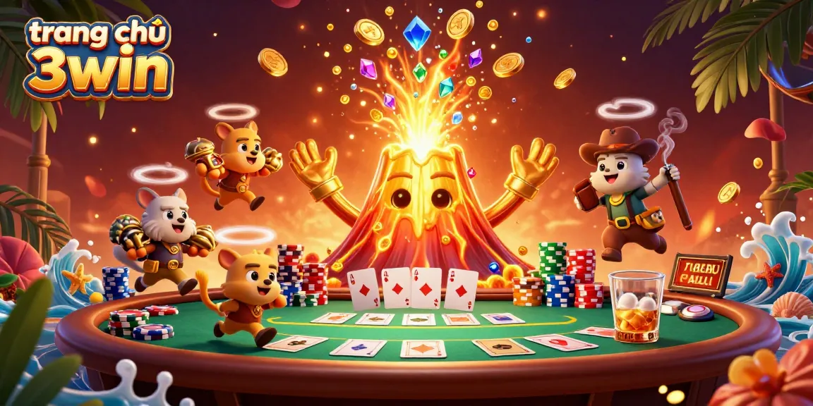 Experience the excitement at trang chủ 3win, featuring animated volcanoes, treasures, and vibrant casino elements.