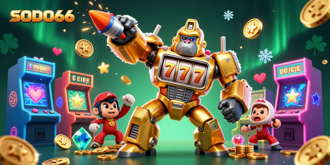SODO66 showcases a dynamic gaming scene featuring a golden mech and vibrant arcade machines, perfect for gamers.
