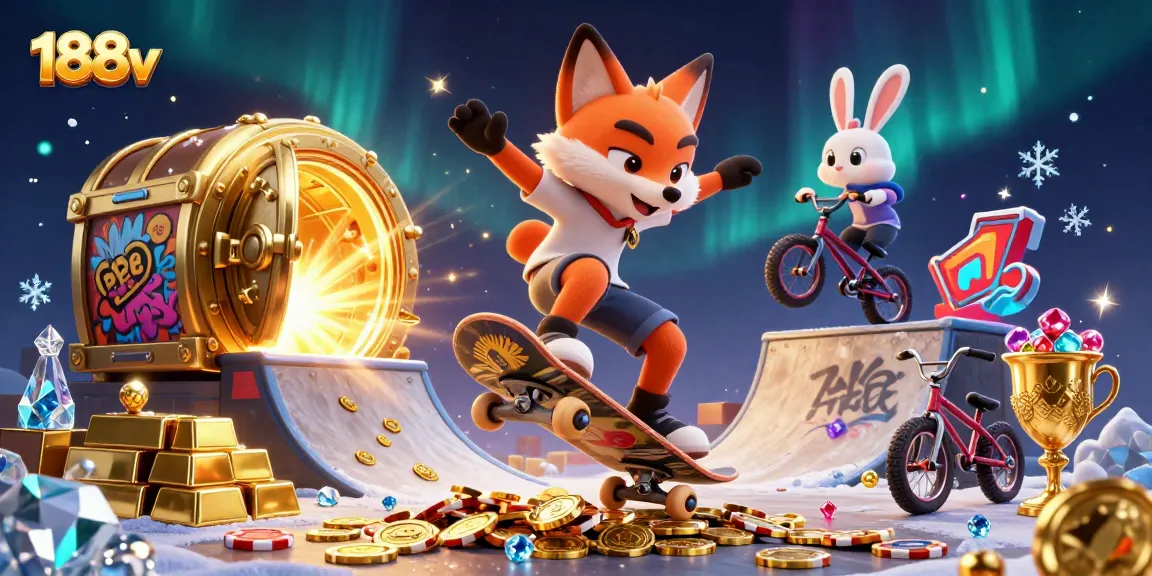 Experience thrilling action with 188v as a skateboarder fox and BMX rabbit navigate a vibrant casino world.