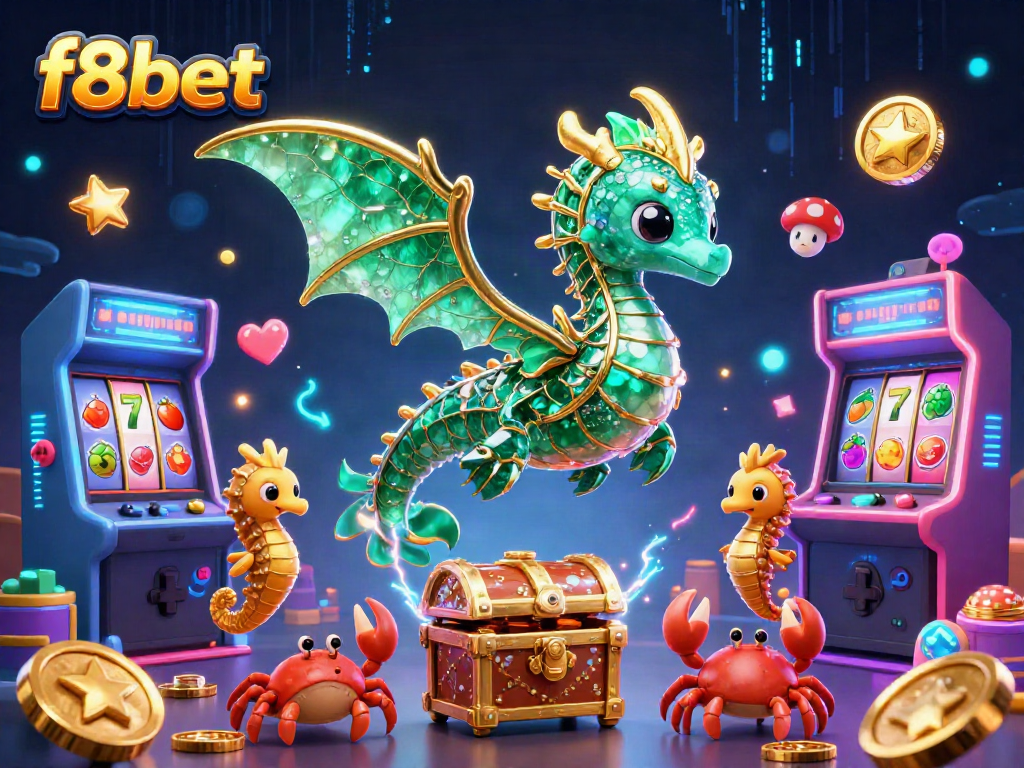 Engage with f8bet's immersive casino experience featuring a sea dragon and treasure-themed gaming.