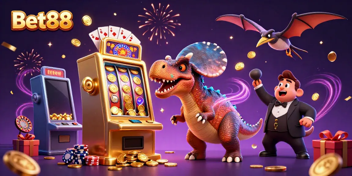 Bet88 casino character extravaganza with reptiles and slot machines in action.
