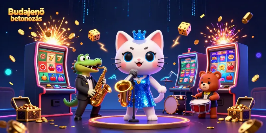 Experience the thrill of Budajenő betonozás with a vibrant casino scene featuring animated characters and slot machines.
