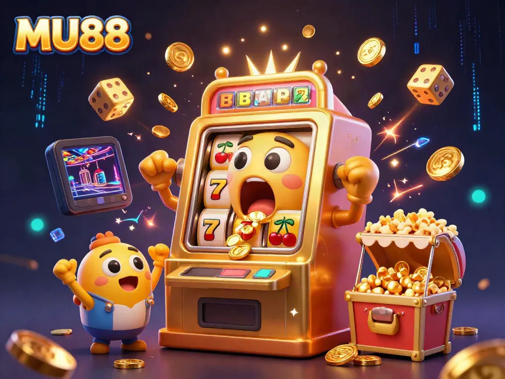 MU88's golden slot machine celebrates its jackpot as coins fly out, exemplifying casino excitement.