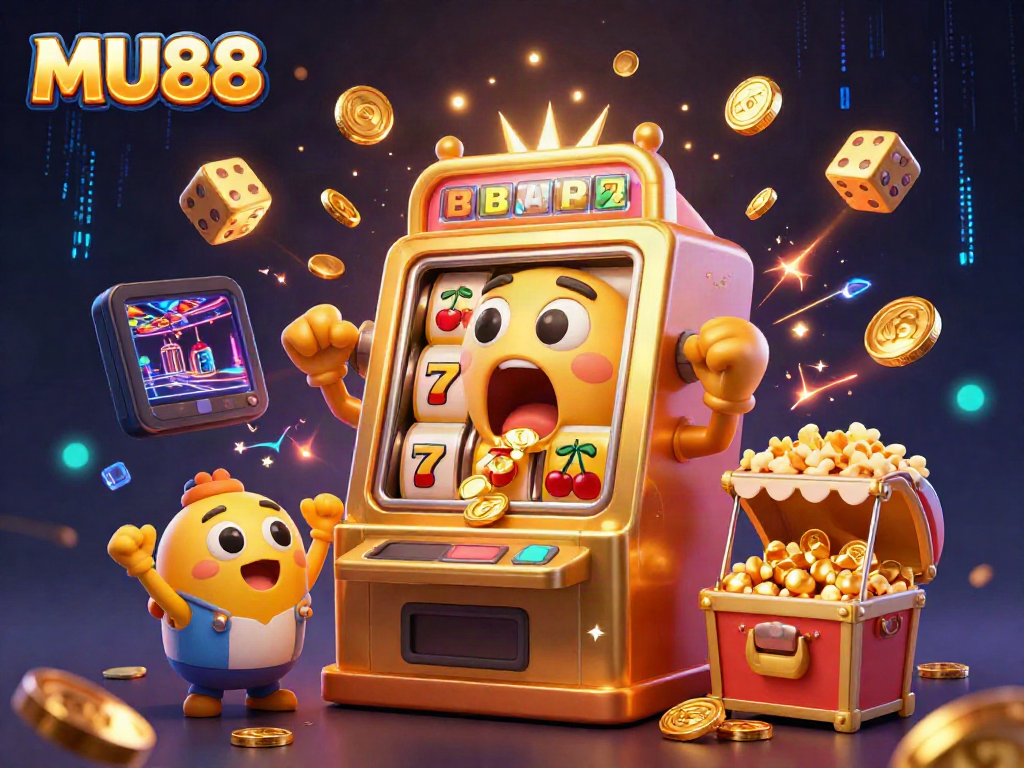 MU88's golden slot machine celebrates its jackpot as coins fly out, exemplifying casino excitement.