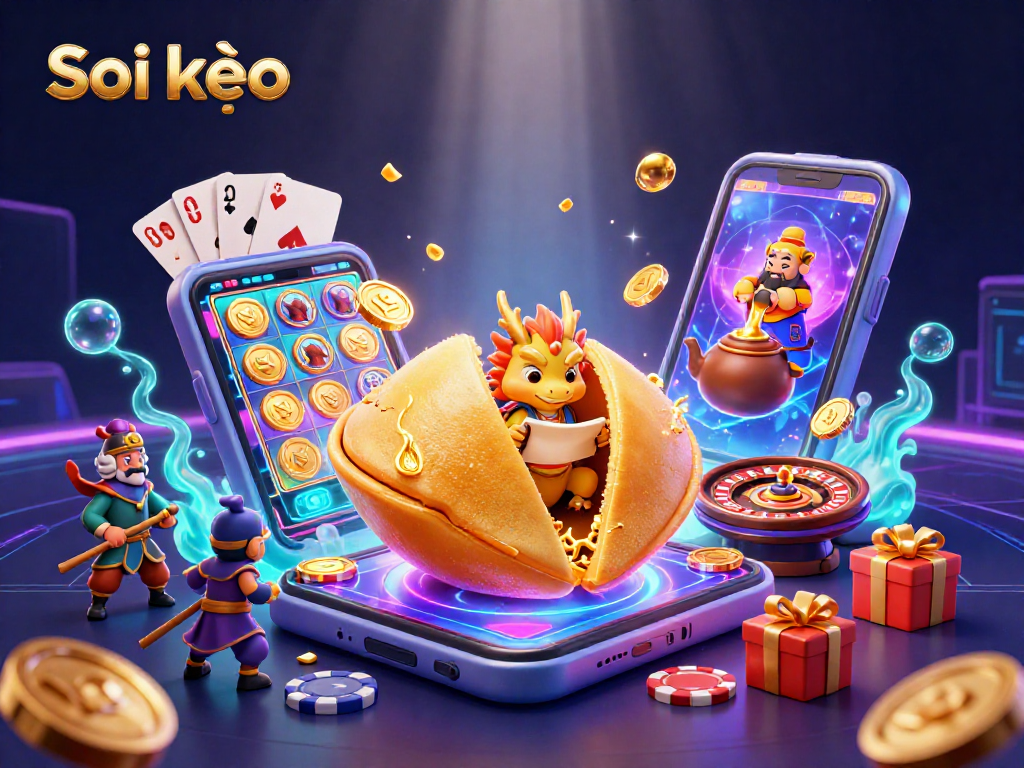 Soi kèo engaging in thrilling casino games with a golden fortune cookie and dynamic characters