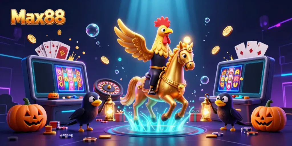 Experience the thrill of Max88 with a golden rooster and spectral horse in an enchanting casino scene.