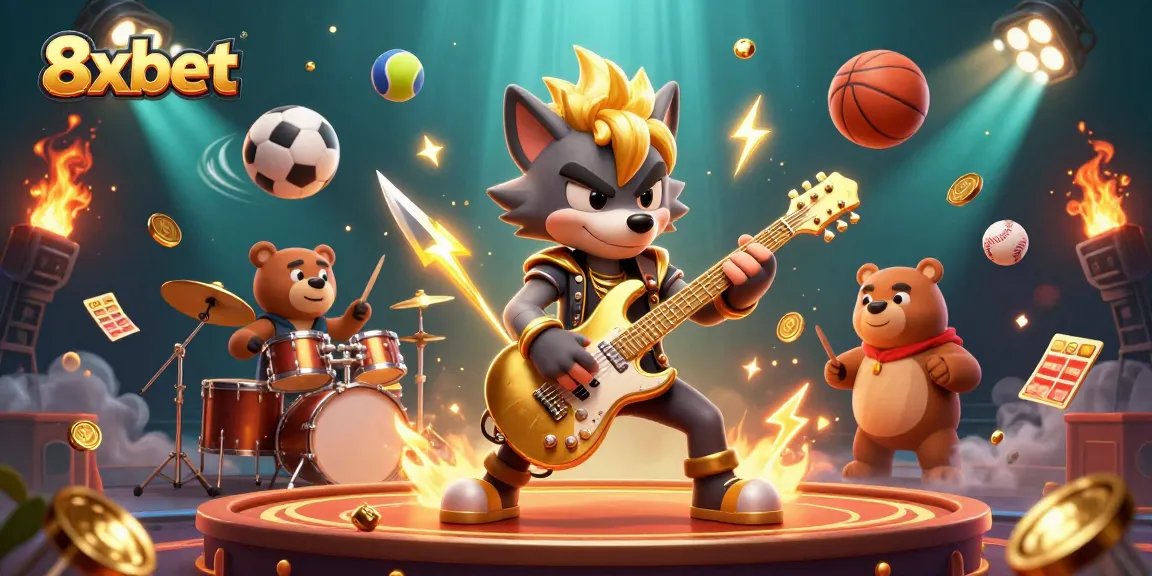 Experience thrilling betting action with 8xbet featuring a dynamic rock star wolf and wild drummer bear.