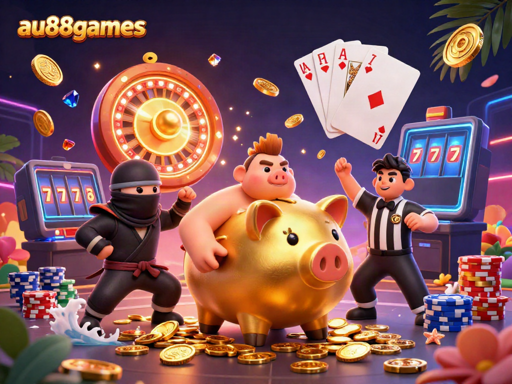Engage in thrilling gaming action with au88games as the golden sumo wrestler character unleashes a shower of coins.