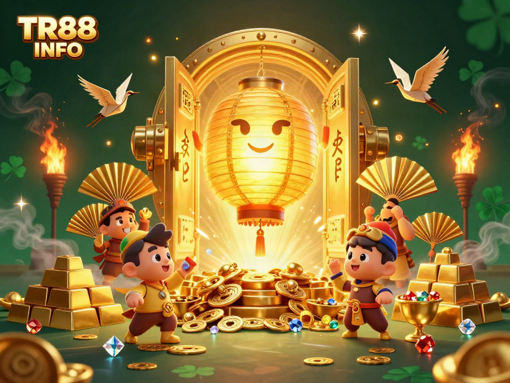 Experience TR88 INFO with vibrant gaming elements and golden casino treasures in this dynamic illustration.
