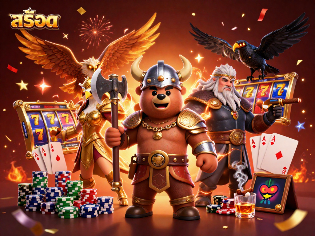 Experience exciting สล็อต action with a Viking bear and Valkyrie eagle amidst vibrant casino elements.