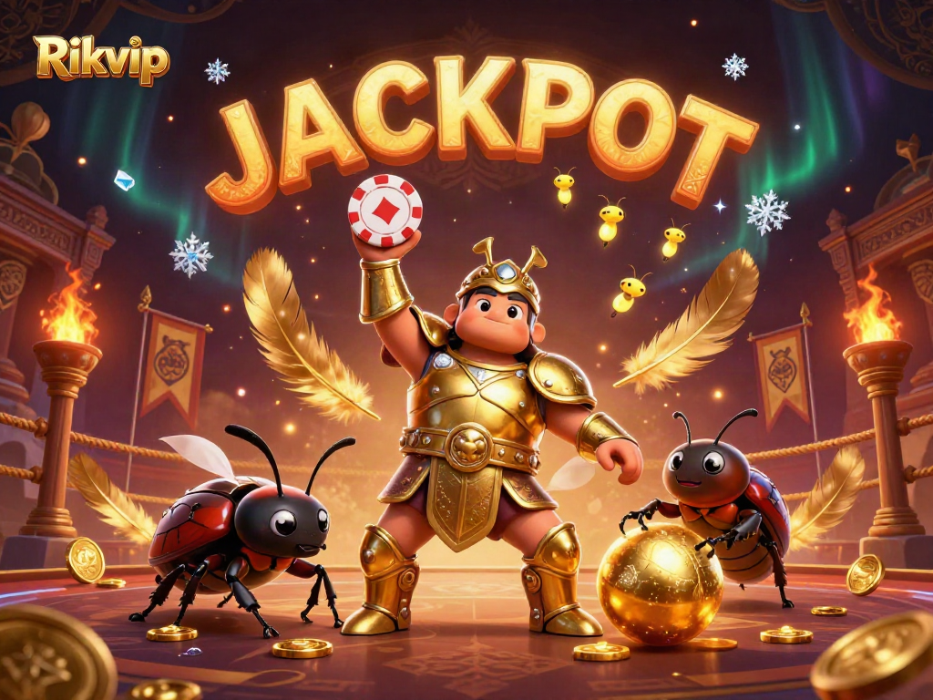Celebrate wins like Rikvip with a heroic beetle lifting a poker chip in a vibrant casino scene.
