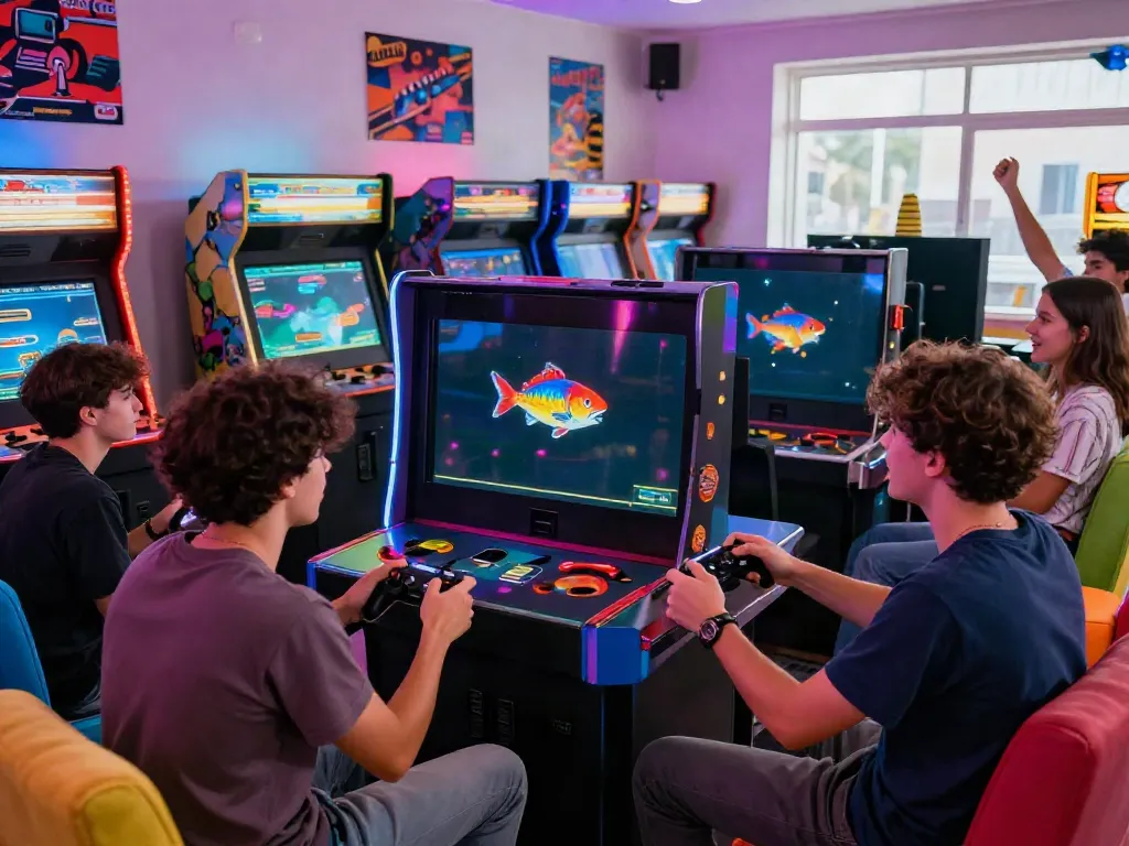 Engaging gaming atmosphere with friends playing lại là Bắn cá đổi thưởng at an arcade.