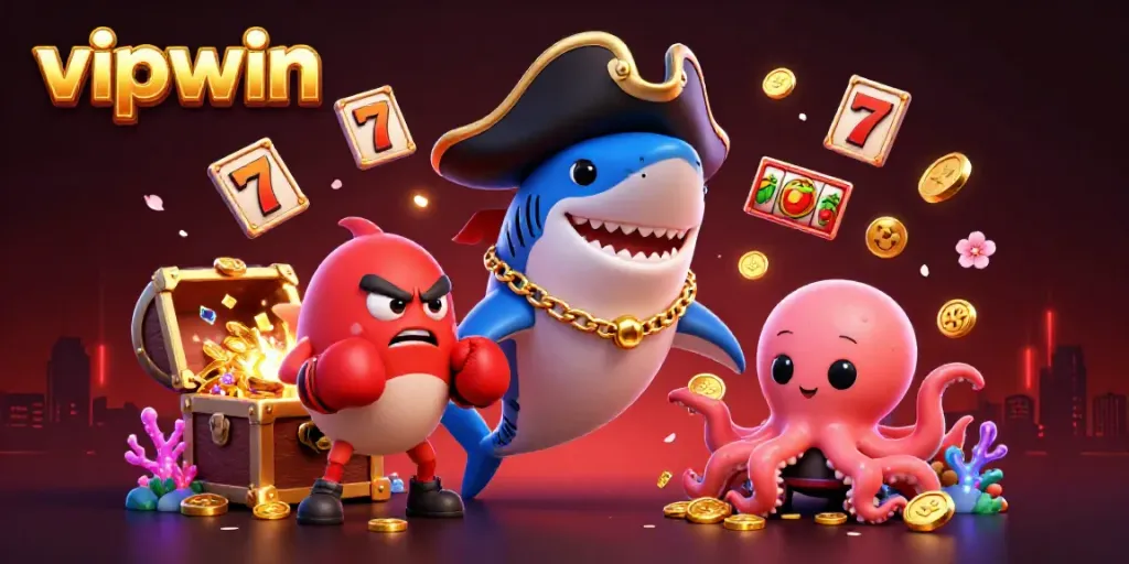 Experience exciting gameplay with vipwin's vibrant underwater casino scene featuring a playful shark and octopus.