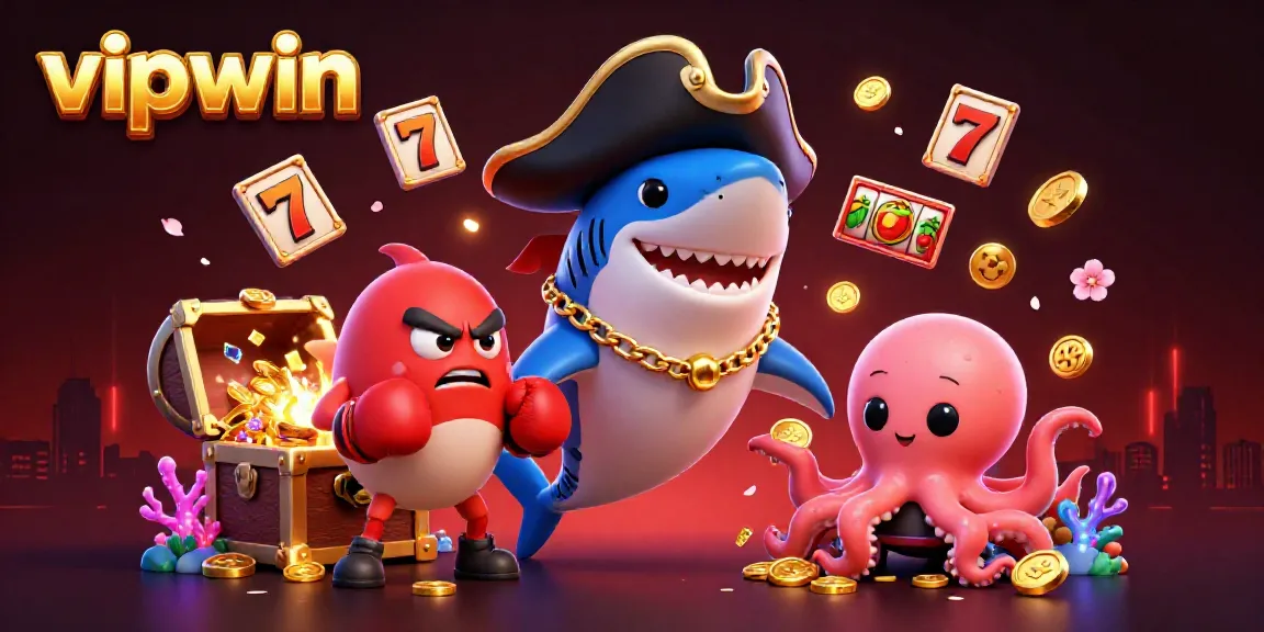 Experience exciting gameplay with vipwin's vibrant underwater casino scene featuring a playful shark and octopus.