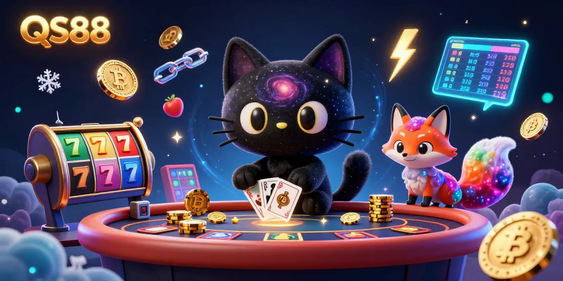 Engage with QS88's cosmic casino, featuring a black hole cat and colorful fox amid vibrant gambling elements.