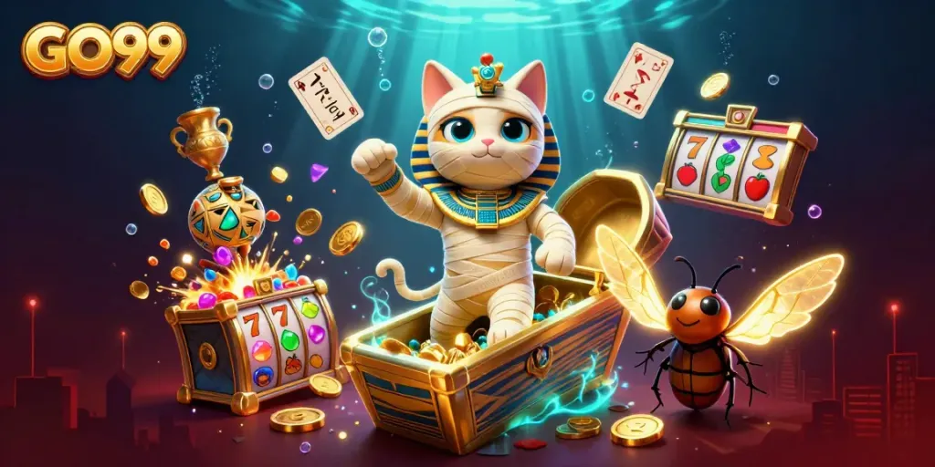 Experience the excitement of GO99 with a 3D cartoon Egyptian mummy cat and treasures in a vibrant casino.