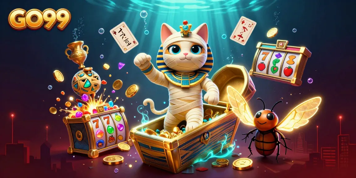 Experience the excitement of GO99 with a 3D cartoon Egyptian mummy cat and treasures in a vibrant casino.