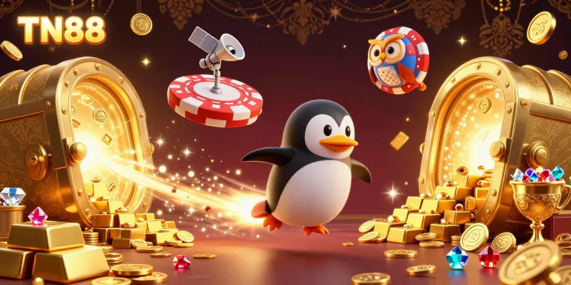 Engage in thrilling casino adventures with TN88, featuring a golden penguin and vibrant treasures.