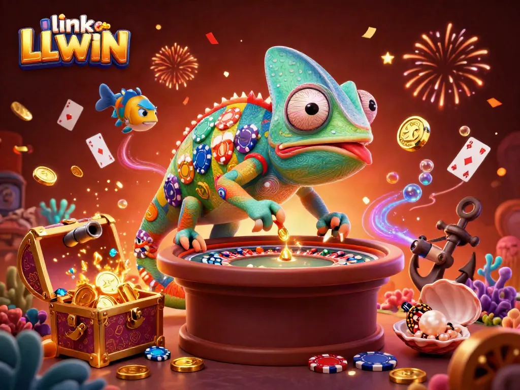 Experience the excitement of link LLWIN with a vibrant casino-themed illustration featuring a chameleon owner!