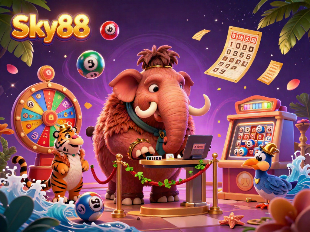 Experience the vibrant energy of Sky88, where a woolly mammoth checks IDs next to a saber-tooth tiger guest amidst colorful casino elements.