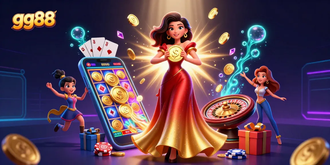 Experience thrilling gameplay with gg88’s vibrant casino illustration showcasing slot games, coins, and a glamorous atmosphere.