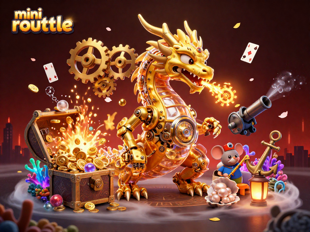 Engage in mini roulette action with vibrant 3D dragon and sparkling treasure in a dynamic casino scene.