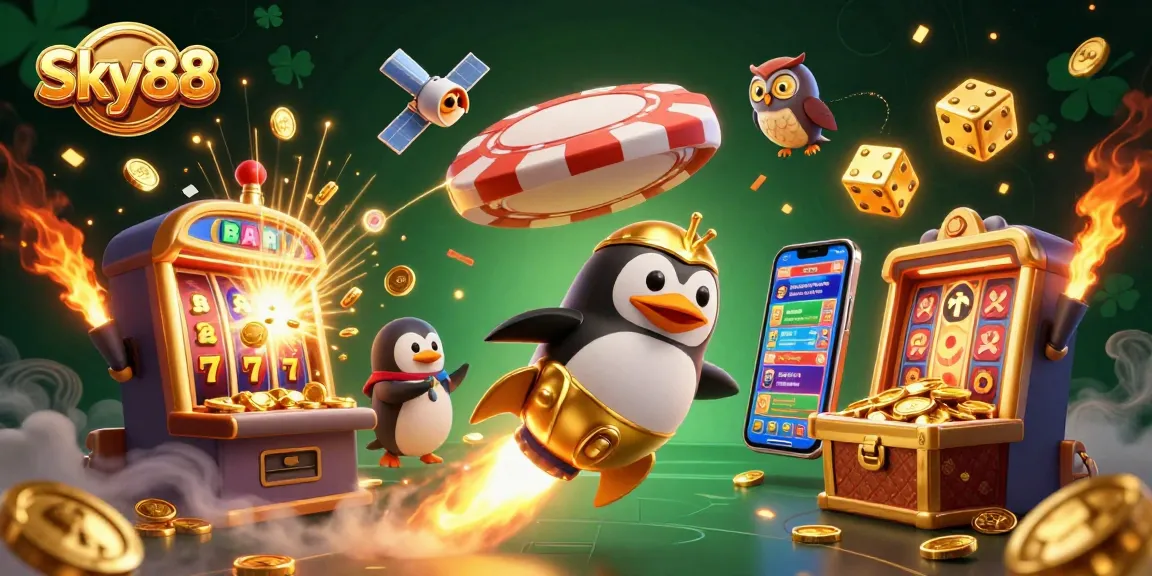 Experience thrilling slot action with Sky88 as a golden penguin blasts toward a poker chip casino.