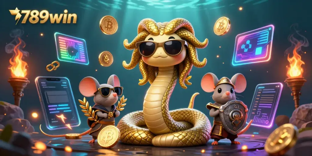 Engage with 789win's vibrant casino world featuring mythical characters and crypto coins.
