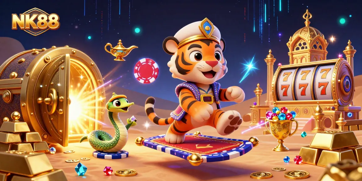 Experience thrilling slots excitement with the vibrant NK88 casino scene featuring a tiger sultan.