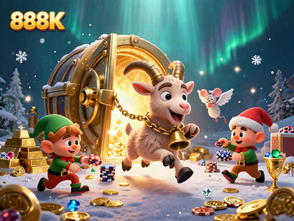 Experience thrilling moments at 888K casino with festive characters and dazzling treasures.