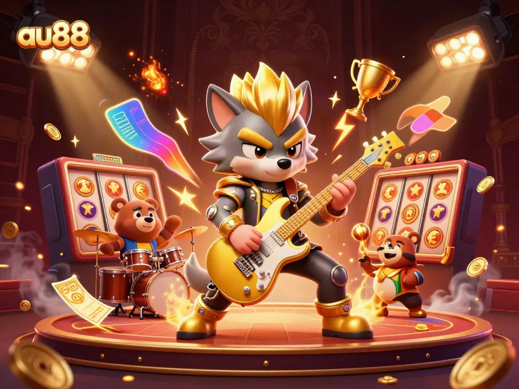 Experience thrilling gameplay at au88 with vibrant slot machines and dynamic 3D characters in a casino setting.