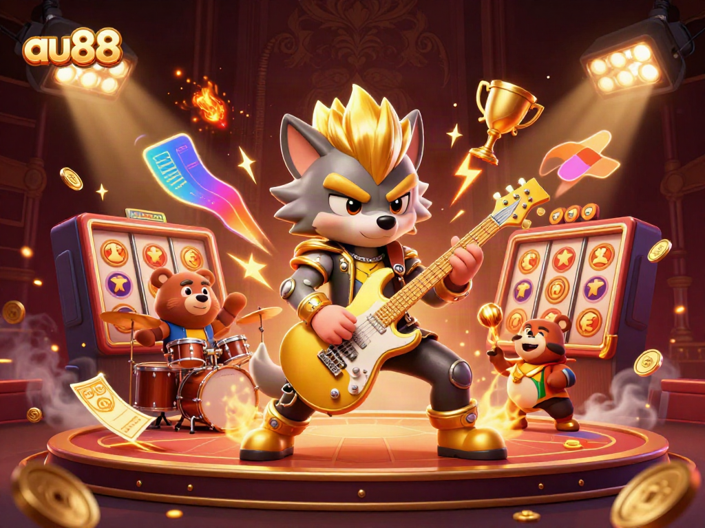 Experience thrilling gameplay at au88 with vibrant slot machines and dynamic 3D characters in a casino setting.