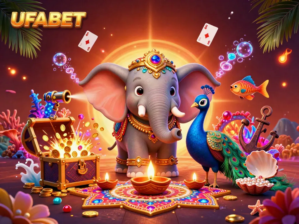 Experience thrilling gameplay at UFABET with vibrant 3D elephant characters and dynamic casino elements.