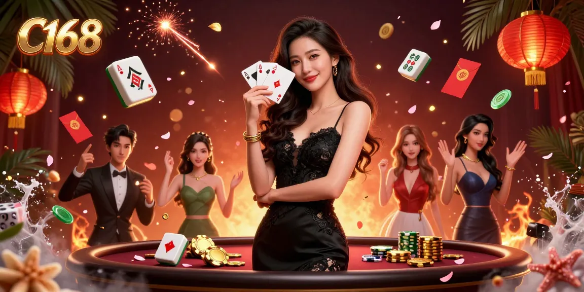 C168 casino scene showcasing an Asian woman holding ace cards in a vibrant gaming atmosphere.