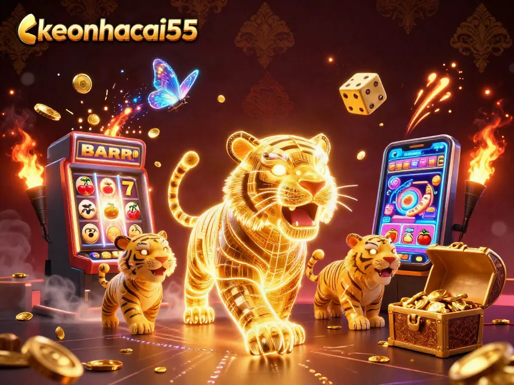 Experience thrilling fun with keonhacai55 as a golden tiger illuminates a vibrant casino world.