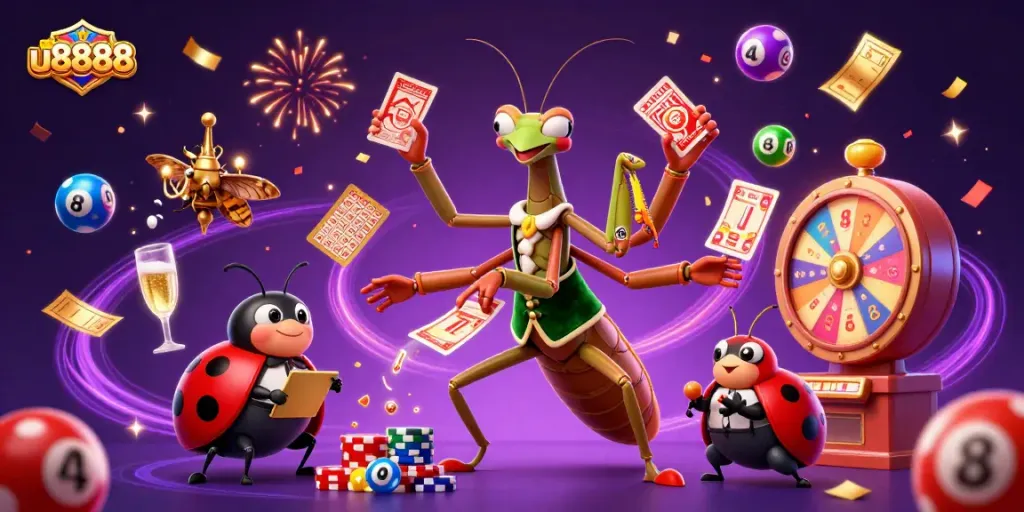 Experience the thrill of u8888 as vibrant lottery elements burst with excitement in a dynamic casino scene.