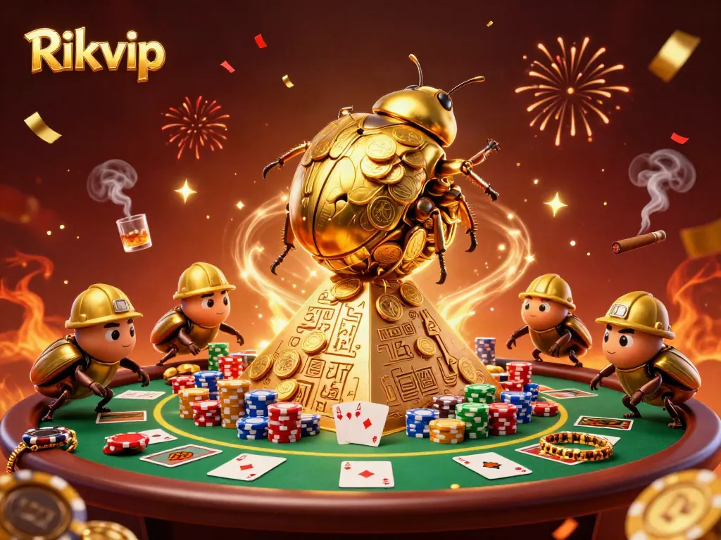 Experience the thrill of winning at Rikvip with a dynamic 3D scene of playful beetles rolling golden coins.
