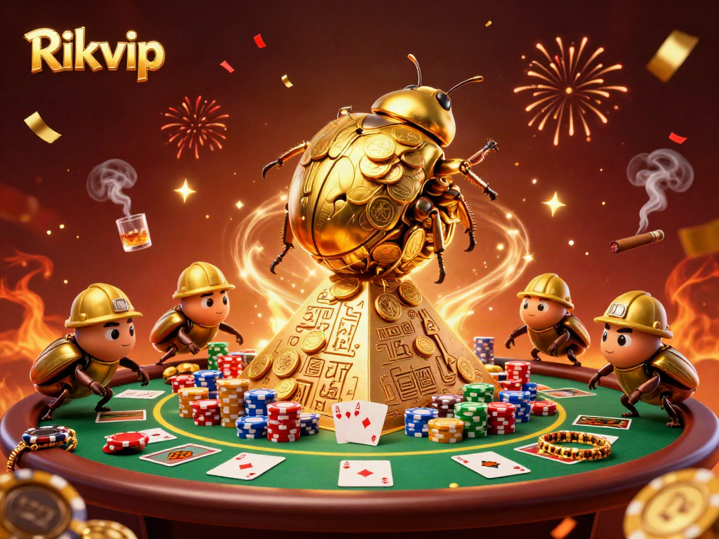 Experience the thrill of winning at Rikvip with a dynamic 3D scene of playful beetles rolling golden coins.
