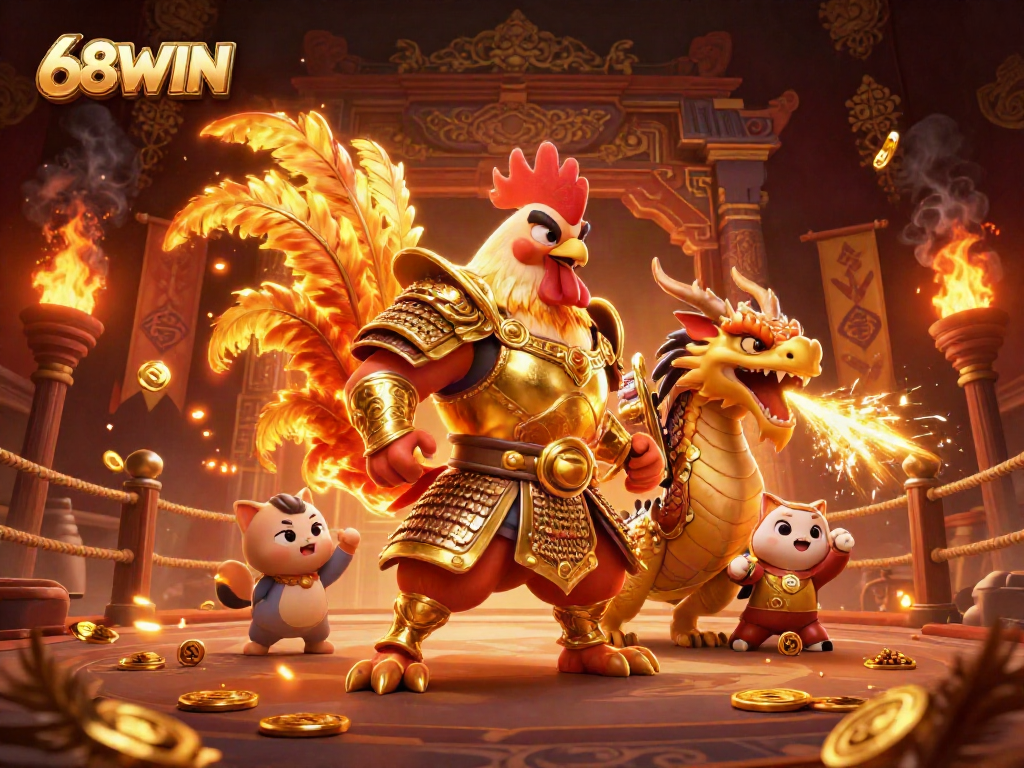 Cheer on 68WIN as a fierce dragon hatches amidst golden casino elements in a dynamic arena scene.