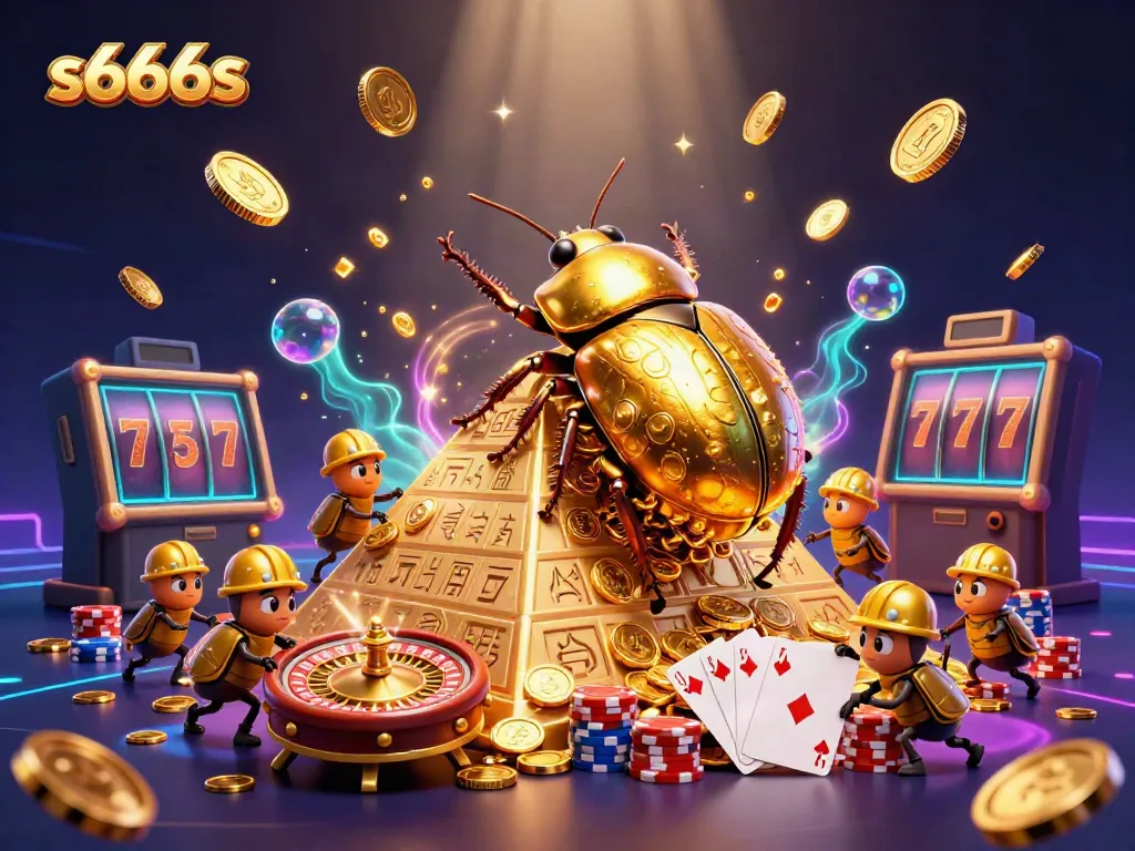 Experience the excitement of s666s with golden coins cascading around vibrant casino elements in a cartoonish 3D scene.