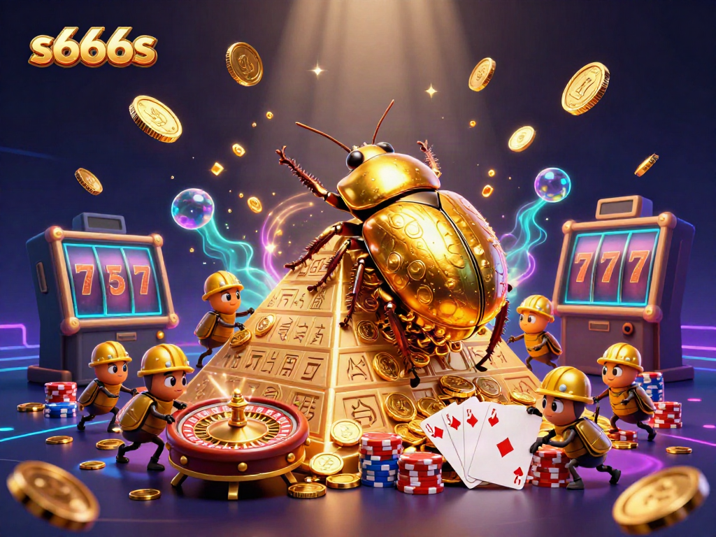 Experience the excitement of s666s with golden coins cascading around vibrant casino elements in a cartoonish 3D scene.
